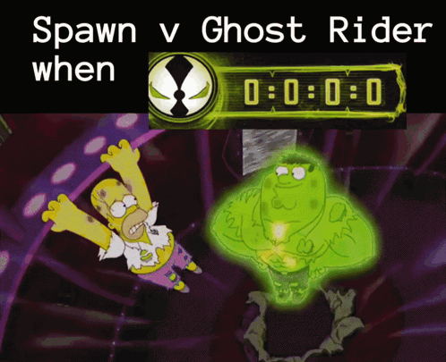 A Cartoon Of Homer Simpson And A Ghost With The Words Spawn V Ghost Rider Below GIF