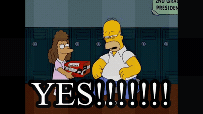 A Cartoon Of Homer Simpson And A Girl Holding A Box That Says Yes !!! GIF