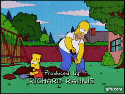A Cartoon Of Homer Simpson And Bart Digging In A Yard GIF