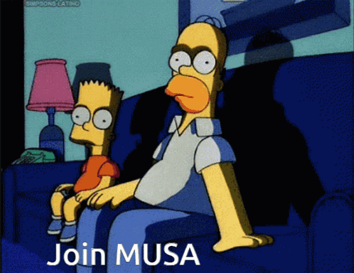 A Cartoon Of Homer Simpson And Bart Simpson Sitting On A Couch With The Words Join Musa Written Below Them GIF