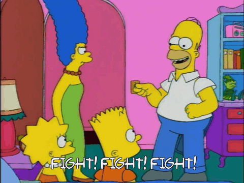 A Cartoon Of Homer Simpson And His Family Says Fight GIF