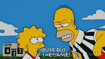 A Cartoon Of Homer Simpson And Lisa Simpson Talking To A Referee GIF