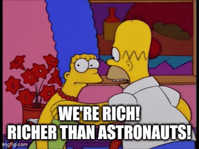 A Cartoon Of Homer Simpson And Marge Simpson Saying " We 'Re Rich " GIF