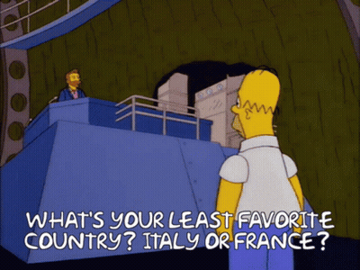 A Cartoon Of Homer Simpson Asking What 'S Your Least Favorite Country In Italy Or France GIF