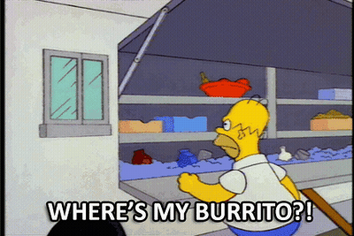 A Cartoon Of Homer Simpson Asking Where Is His Burrito GIF