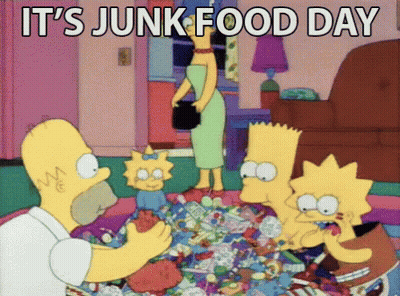 A Cartoon Of Homer Simpson Bart Simpson Lisa Simpson And Maggie Simpson Eating Junk Food GIF