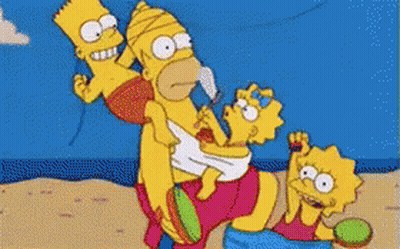 A Cartoon Of Homer Simpson Carrying Bart And Lisa On A Beach GIF