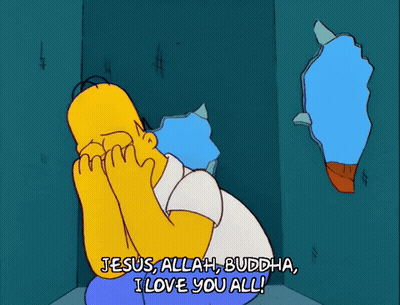A Cartoon Of Homer Simpson Covering His Face With His Hands And Saying " Jesus Allah Buddha I Love You All " GIF