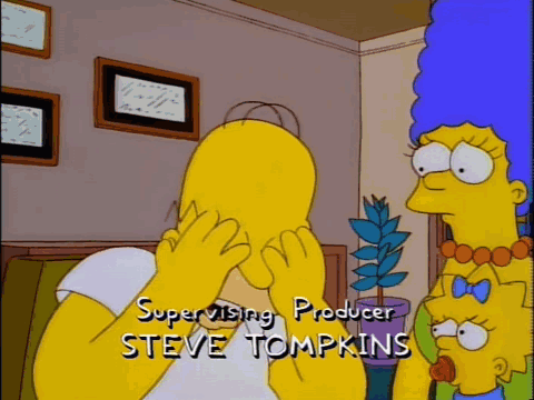 A Cartoon Of Homer Simpson Covering His Face With His Hands And The Name Steve Tompkins On The Bottom GIF
