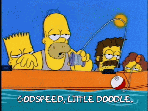A Cartoon Of Homer Simpson Fishing With Bart And Ned Flanders In A Boat Says Godspeed Little Doodle GIF