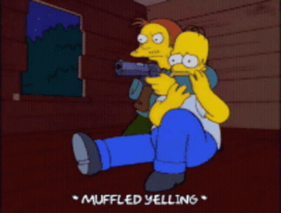 A Cartoon Of Homer Simpson Holding A Gun With Muffled Yelling Written Below Him GIF