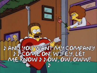 A Cartoon Of Homer Simpson Holding A Heart Shaped Guitar And Singing " And You Want My Company " GIF
