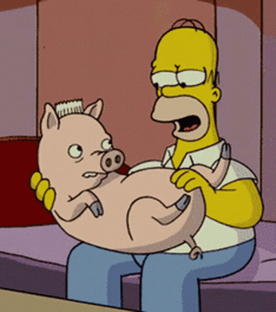 A Cartoon Of Homer Simpson Holding A Pig With A Brush On Its Head GIF