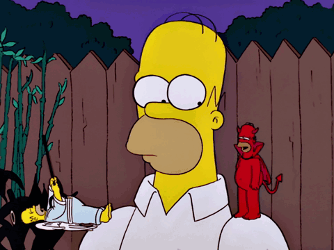 A Cartoon Of Homer Simpson Holding A Plate Of Food With A Devil In The Background GIF