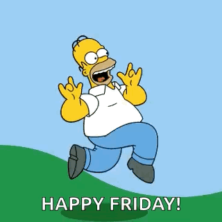 a cartoon of homer simpson jumping in the air with the words `` happy friday '' written below him .