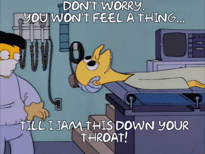 A Cartoon Of Homer Simpson Laying In An Operating Room With The Words " Till I Jam This Down Your Throat " Below Him GIF
