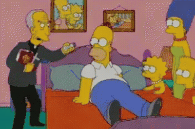 A Cartoon Of Homer Simpson Laying On A Bed While A Priest Talks To Him GIF