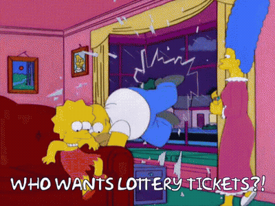 A Cartoon Of Homer Simpson Laying On A Couch With The Words " Who Wants Lottery Tickets " Below Him GIF