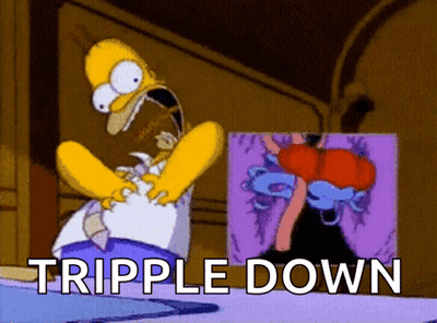 A Cartoon Of Homer Simpson Looking At A Picture With The Words " Tripple Down " Below Him GIF