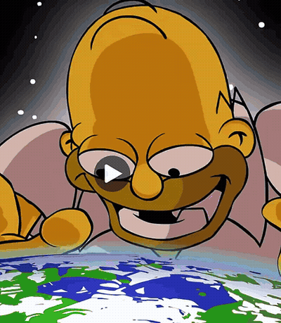 A Cartoon Of Homer Simpson Looking At The Earth With A Play Button GIF