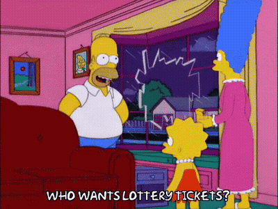 A Cartoon Of Homer Simpson , Marge Simpson And Lisa Simpson Talking About Lottery Tickets . GIF
