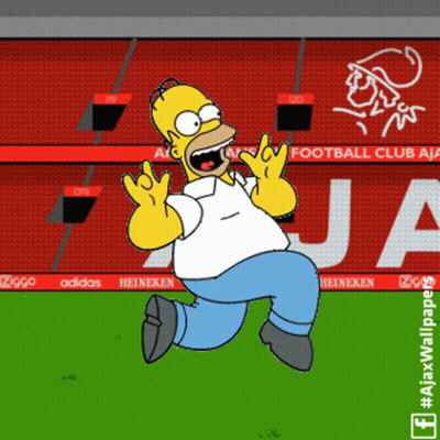 A Cartoon Of Homer Simpson Running In Front Of A Stadium That Says Ajax GIF