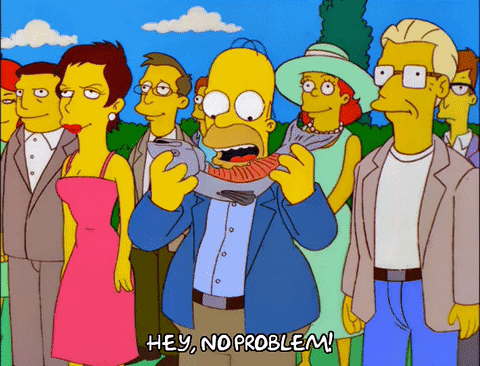 A Cartoon Of Homer Simpson Saying Hey No Problem In Front Of A Crowd GIF