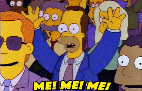 A Cartoon Of Homer Simpson Saying Me ! Me ! Me ! In Front Of A Crowd GIF