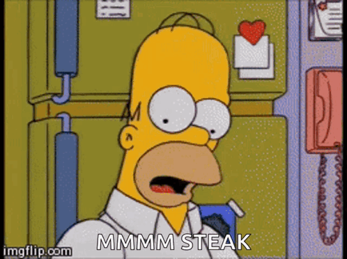 A Cartoon Of Homer Simpson Saying Mmmm Steak In Front Of A Refrigerator GIF