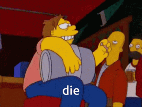 A Cartoon Of Homer Simpson Sitting On A Barrel With The Word Die Written On It GIF