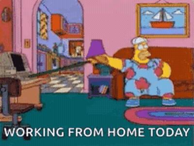 A Cartoon Of Homer Simpson Sitting On A Couch In A Living Room With The Words Working From Home Today Below Him . GIF