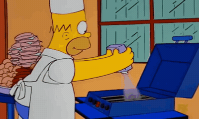 A Cartoon Of Homer Simpson Spraying Something On A Blue Grill GIF