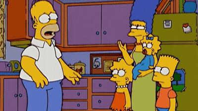 A Cartoon Of Homer Simpson Standing In A Kitchen With His Family GIF