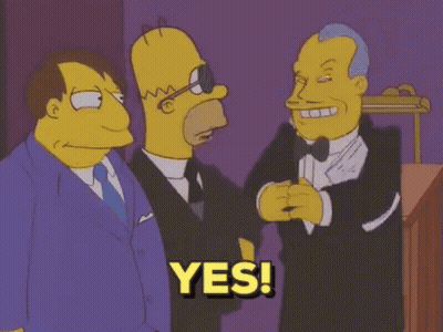 A Cartoon Of Homer Simpson Talking To A Man In A Tuxedo With The Word Yes On The Bottom GIF