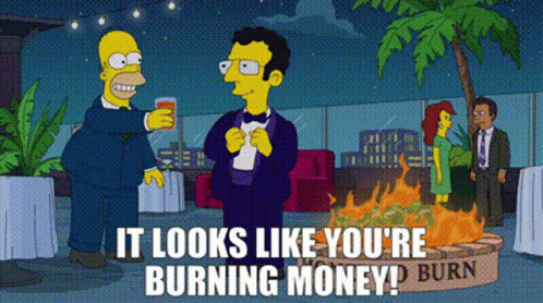 A Cartoon Of Homer Simpson Talking To A Man Standing Next To A Pile Of Money On Fire . GIF