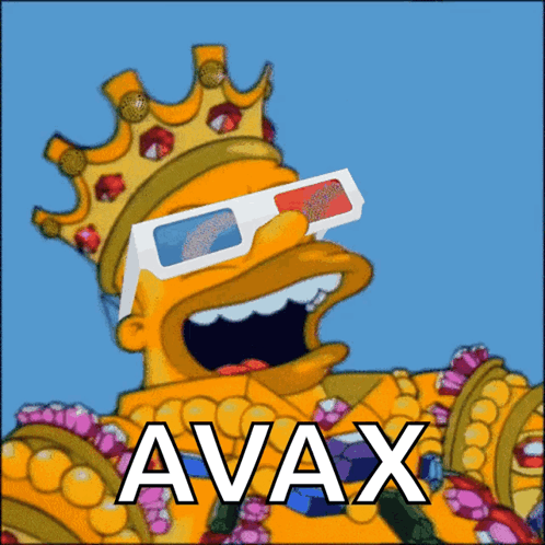 A Cartoon Of Homer Simpson Wearing A Crown And 3D Glasses With Avax Written Below Him GIF