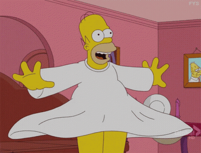 A Cartoon Of Homer Simpson Wearing A White Dress With The Letters Fys On The Bottom GIF