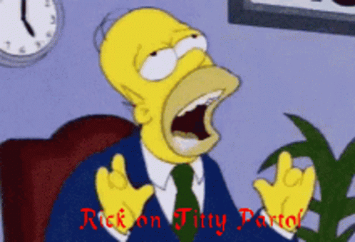 A Cartoon Of Homer Simpson With A Clock In The Background And The Words Rick On Jitty Pato Written In Red GIF