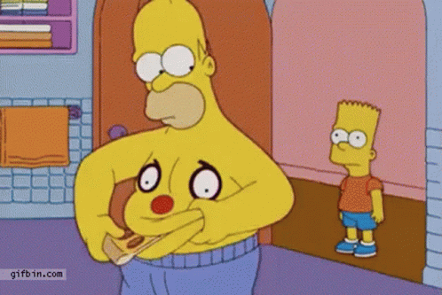A Cartoon Of Homer Simpson With A Clown Face On His Chest And Bart Simpson Standing Behind Him . GIF