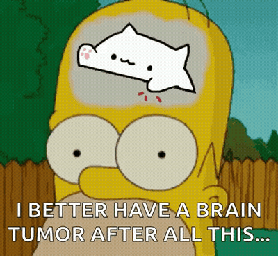 A Cartoon Of Homer Simpson With A White Cat In His Brain And The Words " I Better Have A Brain Tumor After All This " GIF
