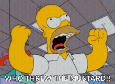 A Cartoon Of Homer Simpson With His Fist In The Air And The Words Who Threw The Mustard GIF