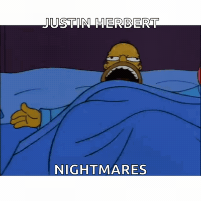 A Cartoon Of Homer Simpson With His Mouth Open And The Words Justin Herbert Nightmare On The Bottom GIF