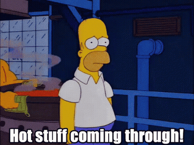 A Cartoon Of Homer Simpson With The Words Hot Stuff Coming Through Written Below Him GIF