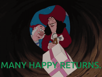 A Cartoon Of Hook Holding A Box With The Words Many Happy Returns GIF
