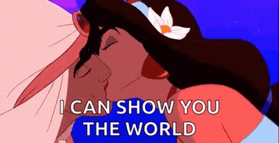 A Cartoon Of Jasmine And Aladdin Kissing With The Words " I Can Show You The World " GIF