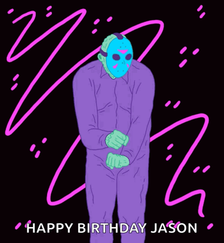 A Cartoon Of Jason Voorhees In A Purple Suit GIF