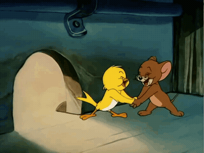 A Cartoon Of Jerry And A Yellow Duck Holding Hands GIF