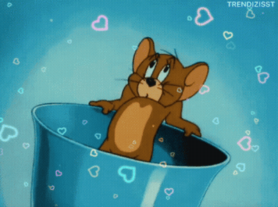 A Cartoon Of Jerry In A Blue Cup With Hearts Around Him GIF