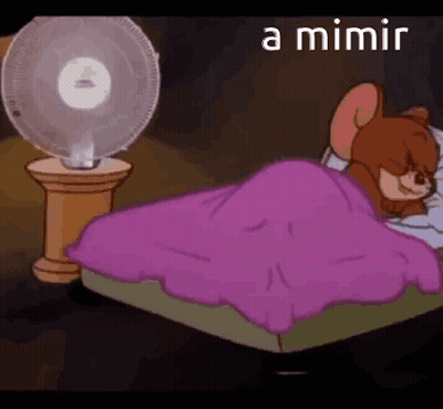 A Cartoon Of Jerry Sleeping On A Bed Next To A Fan And A Lamp . GIF