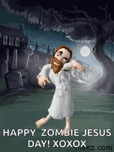 A Cartoon Of Jesus Dressed As A Zombie In A Robe Is Dancing In A Cemetery . GIF